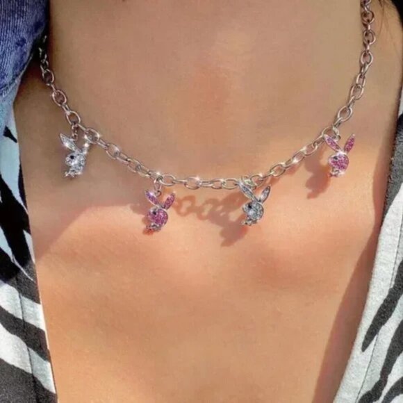NEW PLAYBOY BUNNY GOLD AND PINK CHOKER NECKLACE - Picture 2 of 5
